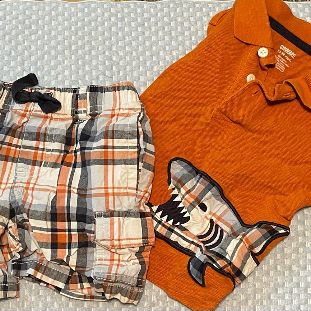 Gymboree Orange Shark Polo and Plaid Shorts Set